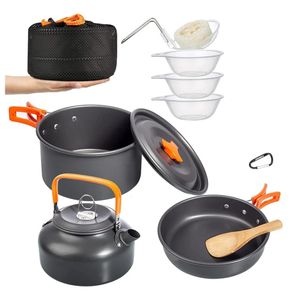Outdoor Camping Cookware Kit Aluminum Portable Nonstick Cooking Water Kettle Pot Pan Set For Travel Hiking Picnic BBQ Tableware 240403
