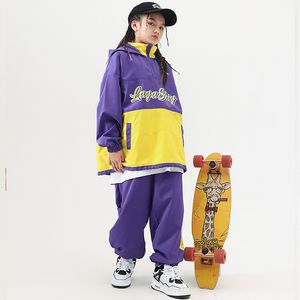Kid Hip Hop Clothing Purple Yellow Pullover Hoodie Jacket Top Casual Street Jogger Pants for Girl Boy Dance Costumes Set Clothes