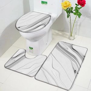 Abstract Marble Bath Mats Sets Creative Black Line Geometric Rug Modern Flannel Bathroom Decor Anti-Slip Carpet Toilet Cover Mat