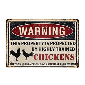 Chicken Sign Funny Warning Property Protected by Chickens Tin Sign 11.8x7.9 Inches Chicken Coop Decor Sign For Home 8X12in