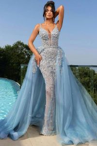 Graceful Light Blue Evening Dresses With Detachable Skirt Sexy Spaghetti Straps Beads Crystals Pearls Luxury Party Occasion Gowns Prom Wears BC18599