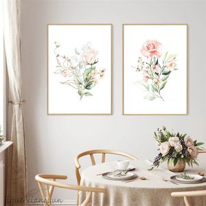 Boho WaterColor Flowers Foglie verdi foglie di tela Postatori dipinti Stampe d'arte murale Immagine minimalista soggiorno camera da letto decorazioni per la casa