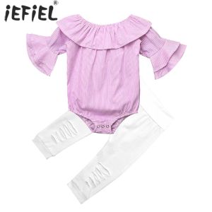 Trousers 012M 2Pcs Baby Girl Outfits Newborn Girls Pink Stripe Ruffle Off Shoulder Romper +White Ripped Jeans Pants Baby's Set