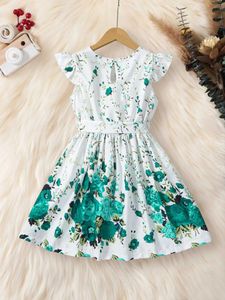 Mädchenkleider Sommermädchen Kleid Grüne Blumengürtel lotus Ärmel Mode billige Kinderkleidung 4-7y