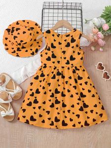 فساتين الفتاة Evryday Toddler Girls Love Heart Print Oclessess Dress مع زخرفة القوس مطابقة قبعة للحفلات الصيف