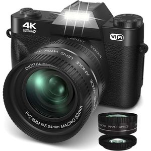2024 Обновленная цифровая камера 4K 56MP для фотографии Uikicon Blog Camera с 180 ﾰ Flip -экран, Wi -Fi, 16x Digital Zoom, 52 -мм объектив, 2 батареи, 32 ГБ карта - черный