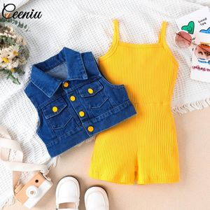 Set di abbigliamento Ceeniu 4-7y bambini jeans vestiti ragazze girare girare la giacca di jeans e tuta gialla per bambini estate.