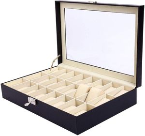 24 Slot PU Leather Watch Box Watches Case Jewely Display Storage Organizer Box med nyckel Lock Glass Top Gift for Men Women MX2002621840