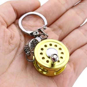 Keychains 1Pcs Alloy Fishing Reel Drum Pendant Keychain Key Wheel Outdoor Tackle