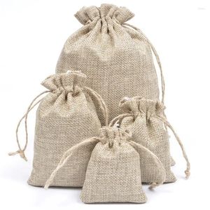 Geschenkverpackung 5pcs/Los Multisize Jute -Leinenbeutel für Schmuck Display Display Kordelzug Beutel Verpackungstasche Hochzeit/Weihnachtslappe