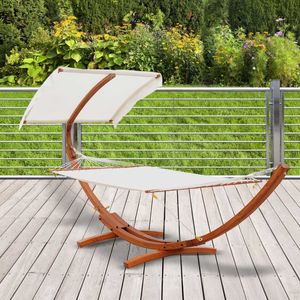 13FT Wooden Arc Hammock with Canopy, Outdoor Hammock Bed with Wood Arc Stand for Patio Balcony Garden Backyard