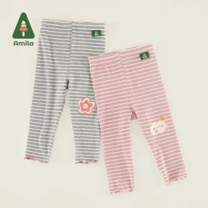 바지 Amila Baby Girls 레깅스 줄무늬 2023 Spring New Cute Infant 유아 소프트 탄성 면화 바지 어린이 연필 바지 06 년