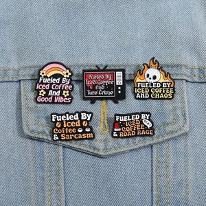 Fueled By Iced Coffee And Good Vibes Enamel Pins Cartoon TV Skull Flame Shape Brooches Cute Coffee Bean Lapel Badge for Clothes