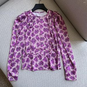 レディースブラウス女性2024春夏ファッションファッショナブルな紫色のジャクアードパターンラウンドネック長袖シャツTシャツ