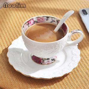 Cups Saucers European Ceramic Coffee Milk Mug Simple Bone China White Embossed Afternoon Tea Cup With Saucer And Spoon Set Drinkware 200ML