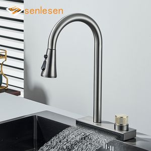 Senlesen Waterfall Kitchen Faucet Pull Out Cold Hot Mixer Taps Single Hole Rotatable Single Handle Sink Faucets Black/ Gray New