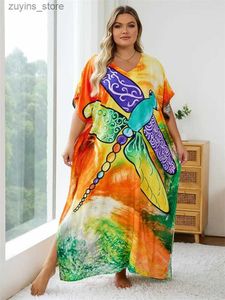 Basic Casual Dresses 2024 Summer Plus Size Bohemian Print V Neck Batwing Sleeve Loose Kaftan Dress African Women Beachwear Swimsuit Cover Up Q1577 L49