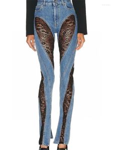 Jeans feminino renda sexy retchwork veja através de skinny para mulheres na cintura alta bainha dividida na pista elástica calça jeans calças Zn282