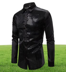 Men039S Casual Shirts Mens Black Long Sleeve Button Down Dress 2021 Shiny paljett Silk Satin Shirt Men Business Party Man Chemi6311958