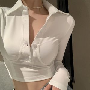 Autumn Women tshirt Vintage T-shirt White Sexy Crop tops neck solid color long sleeved Top Skinny Casual short Tees