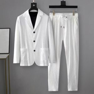 Spring Summer Men Blazer Pants Long Sleeve Stripe Pleats Jacket Drawstring Pants Casual Suit Korean Slim Two-piece Set