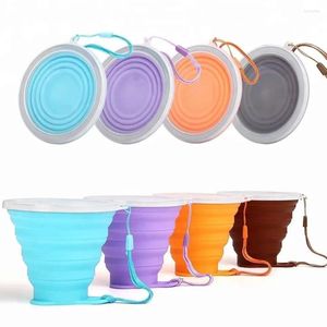 Cups Saucers 270ml Silicone Collapsible Travel Cup Outdoor Portable Folding Camping With Lids Lanyard Expandable Drinking