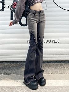 Women's Jeans Syiwidii Graying Ash Spliced Flare For Women Fall Winter 2024 High Waisted Wide Leg Slim Casual Korean Fashion Pants