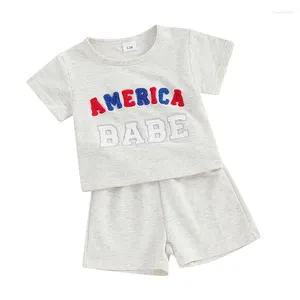 Kläder sätter pudcoco född spädbarn 4 juli baby pojke outfit kort ärm broderi skjorta fast färg shorts sommarkläder 3m-3t