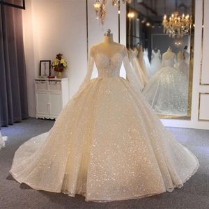 STEVDITG Wedding White Elegant V-neck Long Sleeves Sequined Lace Up Ball Gowns Exquisite Chapel Train Bride Dress