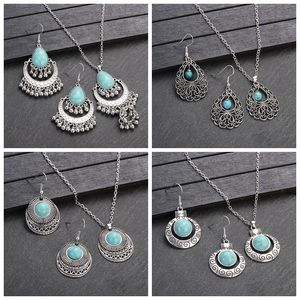 Vintage Classic Blue Turquoises halsband örhängen Set kvinnors silverfärgpärlor Tassel smycken kvinnor etniska indiska smycken