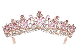 Barok Gül Altın Pembe Kristal Gelin Taç Taç Taramalı Pageant Prom Rhinestone Peçe Tiara Head Band Düğün Saç Aksesuarları Y7806921