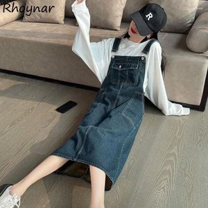 Casual Dresses Denim Dress Women Midi Vintage Streetwear Teens Multi-Pockets Cargo Washed All-match Slit Y2k Clothes Korean Fashion Vestidos