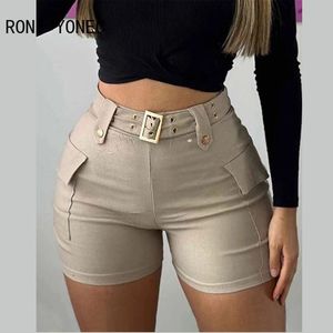 Kvinnor avslappnad hög midja med bälten Pocket mager rak klubb sexig shorts 240411