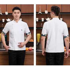 White Short Sleeve Chef Jacket Bakery Work Clothe Hotel Cook Uniform Restaurant Kitchen Overalls Cook Shirt Printed Embroidery