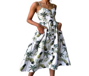 Sexy V Neck Backless Floral Summer Beach Dress Women 2019 Biały boho paski Sunflower Daisy Pineapple Party Midi Sukienki M7049712