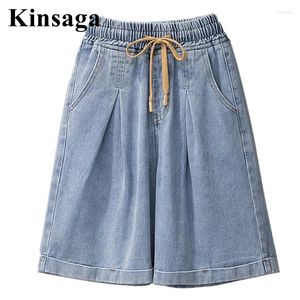 Frauen Jeans Frauen Hemming Elastic Taille Lose Wide Leg Shorts Mom 4xl Sommer Falten gefährdet Baggy Denim Pantbermudas Angeschnittene Hosen