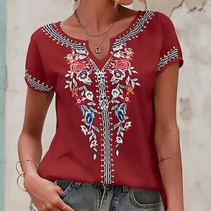 Kvinnors blusar Retrotryck Summertoppar Etnisk stil V-ringning T-shirt Löst fit casual tee-skjorta för streetwear mode