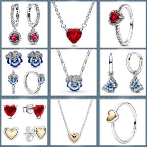 Sparkling Heart Halo Pendant Collier Necklace Elevated Red Heart Ring 925 Sterling Silver Jewelry Set Women Birthday Gift