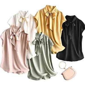 Blouses feminina camisas de primavera Mulheres de tamanho de camisas de seda de gelo verão elegante blusa de cetim de cetim renda up utreetwear casual chiffon tops 240411