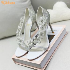Sandali fiori bianchi cristallo bling strass con tacchi alti lucenti tacchi a spillo da uomo a punta di piedi da moda scarpe di lusso