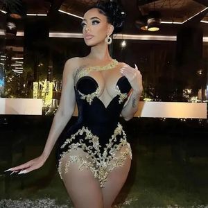 Vestidos de cocktail de veludo preto sexy com apliques de renda dourada aso ebi um ombro ver através de mulheres vestidos de baile formal curtos mini boate clube use vestidos cl3481