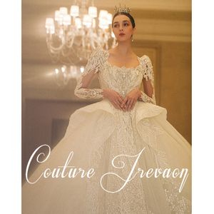 koronkowe długie rękawy Perły Tiulle księżniczka Bridal Ball Suknie Balls Sweet pociąg plus size vintage sukienki ślubne Illusion Tiul Boho Pearls Bohemian Bride Suknie