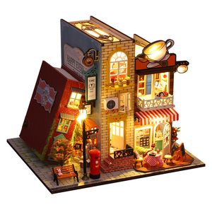 Holz Miniaturpuppenhaus Kit mit Accessoires Möbelbuch Nook Kaffeepuppe Haus Spielzeug Casa Roombox Foradult Geburtstagsgeschenke