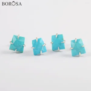 Brincos de garanhão Borosa Pares 9x10mm Brincho de pedras quadradas para mulheres S925 Claw prateada SS200 Facetado com Turquesa Natura