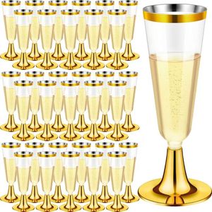 Kubki jednorazowe słomki 30pcs Rimmed Plastic Champagne Flete 5 uncji złoto przezroczyste szklanki koktajl na przyjęcie weselne