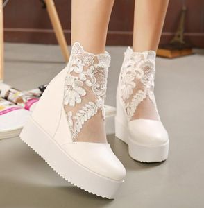 New White Lace Wedding Boots Silver Bridal Pumps Wedge Anal Boots 2 Colors Size 34 to 39 WX1228358