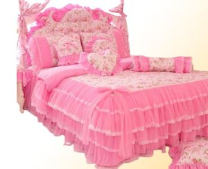 Korean style pink Lace bedspread bedding set king queen 4pcs princess duvet cover bed skirts bedclothes cotton home textile 2012092298917