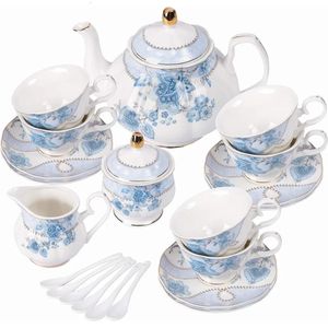 Blue Flowers Porcelain Tea SetTea Cup and Saucer SetService for 6Wedding Teapot Sugar Bowl Cream PitcherChina Coffee Set 240411