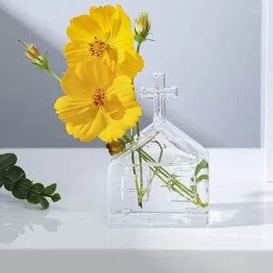 Vases Creative Home Decor Simple Small House Shape Transparent Glass Vase Flower For Dried Container Bar Restaurant