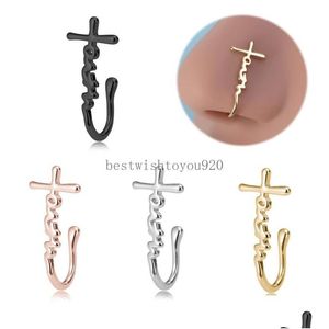 Nose Rings Studs Faith Cross Clip On Non Piercing Nariz Cuff Earring Fake Copper For Women Men Punk Body Jewelry Drop Delivery Otmno